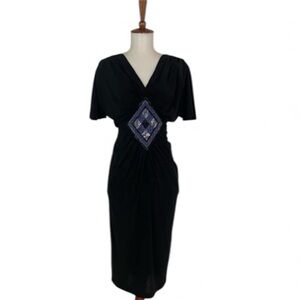 70s Vintage Beaded Dress Women’s M V-Neck‎ Ruched Short Sleeve Midi Sheath